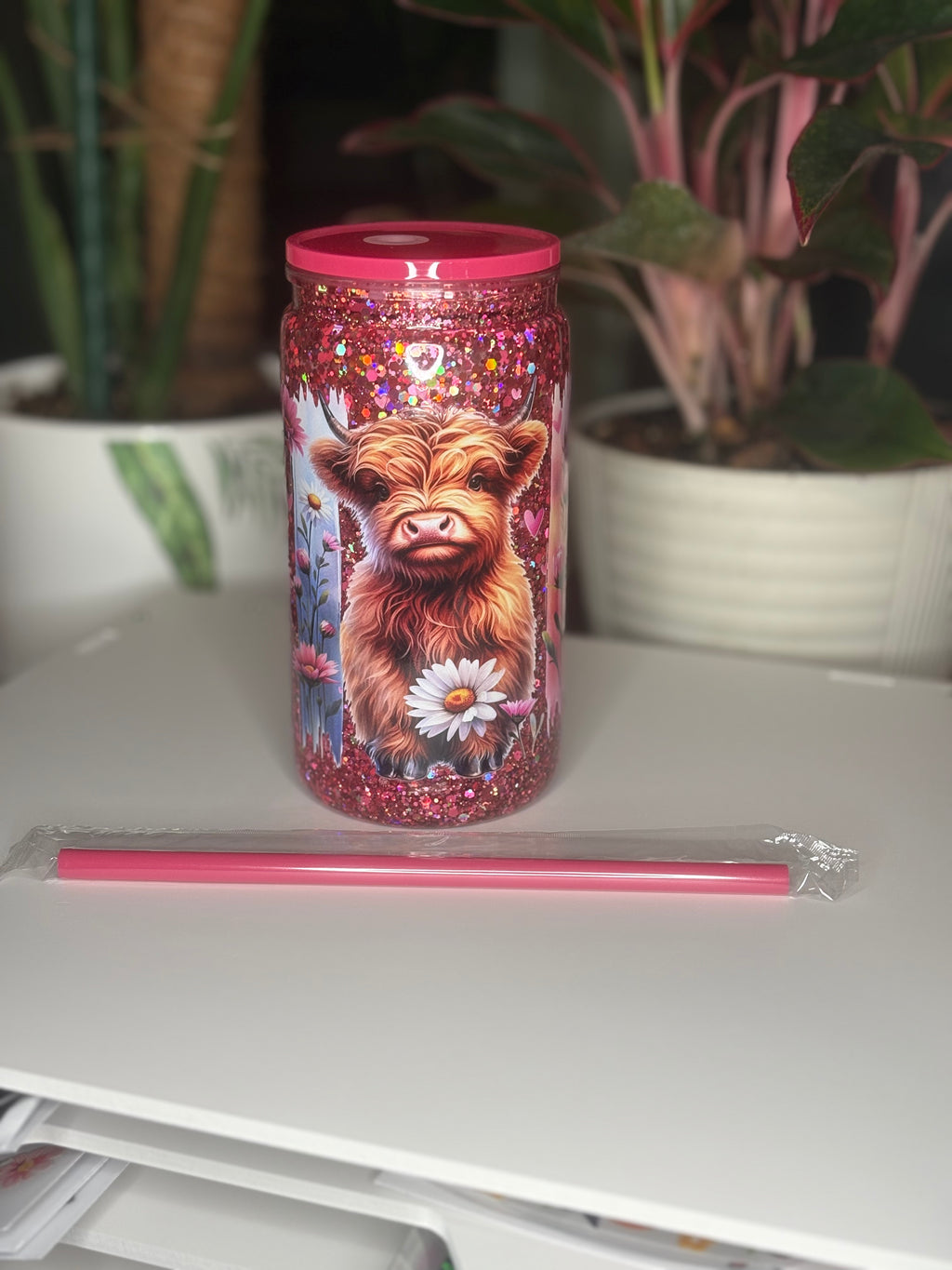 16oz Acrylic Highland Cow Hot Pink