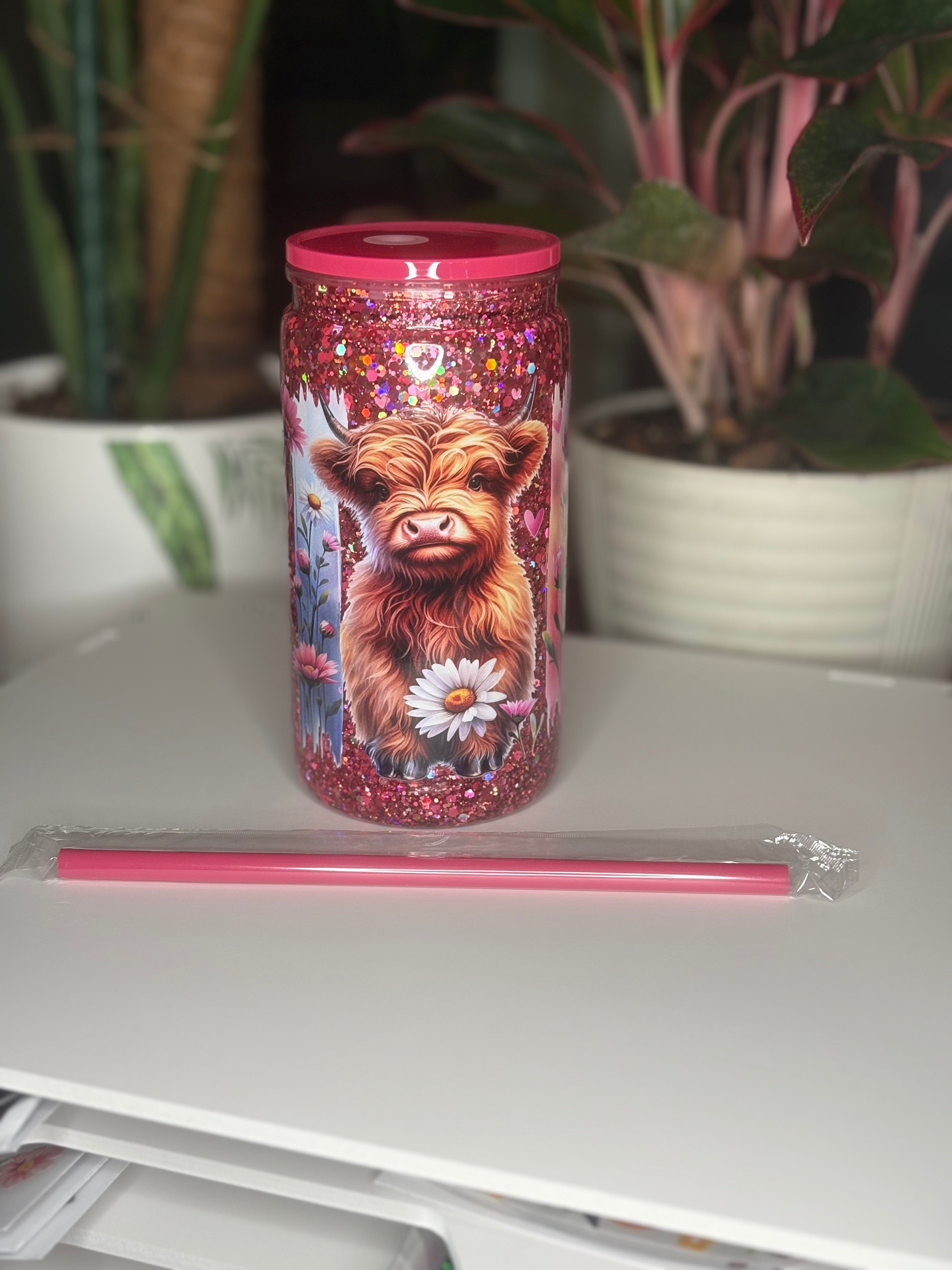 16oz Acrylic Highland Cow Hot Pink